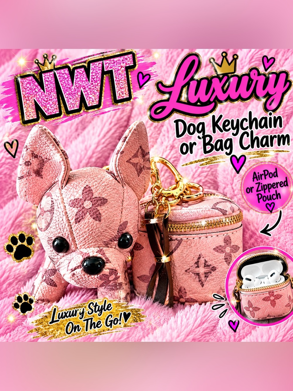 Designer Inspired Epi leather french bulldog Keychain & Airpod/Coin Accessory